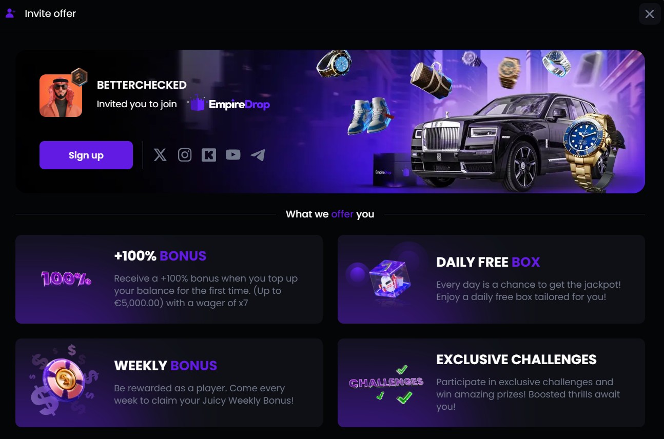 EmpireDrop invite offer page: BETTERCHECKED invited you, with the +100% first top-up bonus, daily free box and weekly bonus