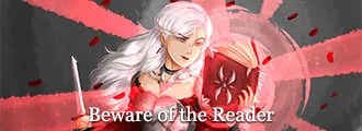 Header of the website. A female warrior with long white hair holdeing a sword in one hand and a grimoir in the other hand.