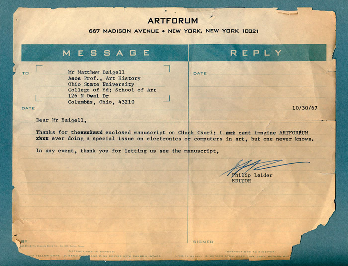 Letter from Philip Leider to Matthew Baigell, October 30, 1967.
