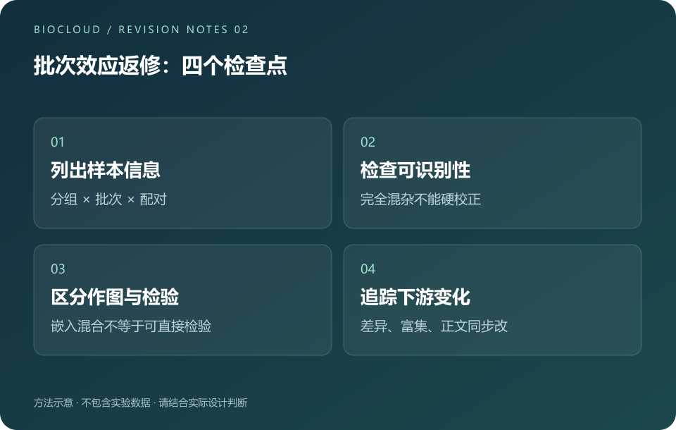 审稿人说有批次效应：要重跑全部分析，还是先补一张表？的处理路径示意图