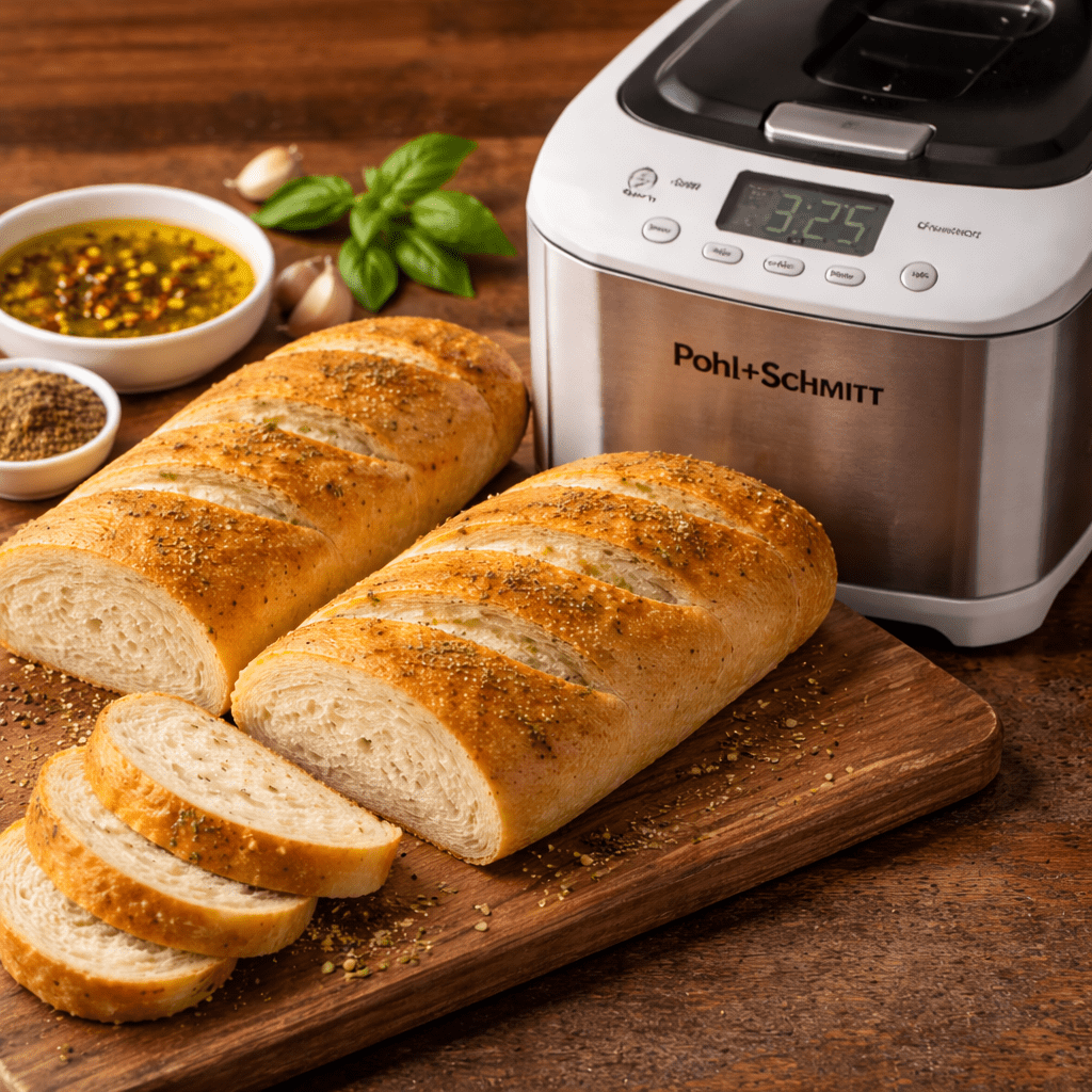 A rectangular loaf of Italian bread shaped from a bread machine, sliced on a wooden board beside a Pohl+Schmitt bread maker with olive oil, herbs, and garlic
