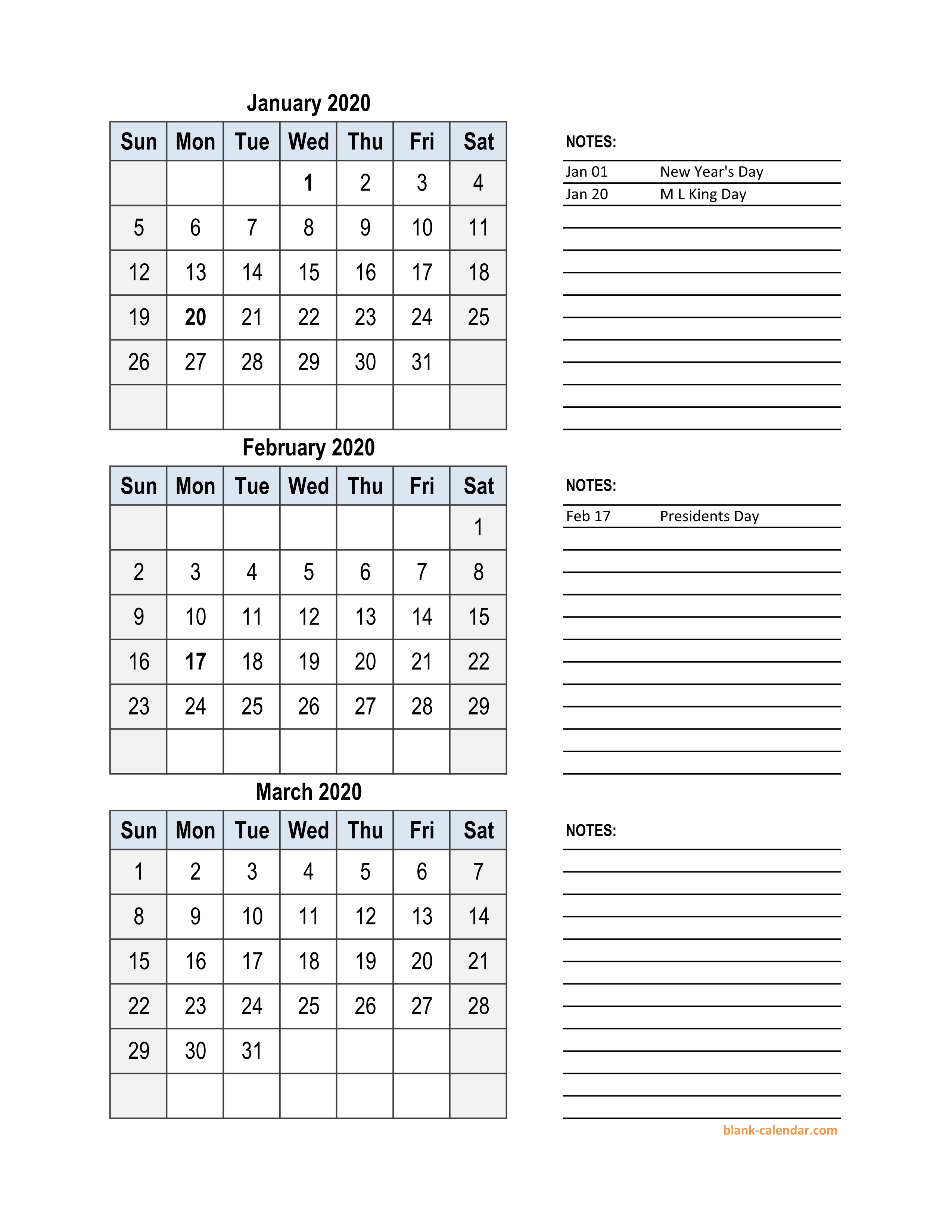 Three Month Calendar 2020