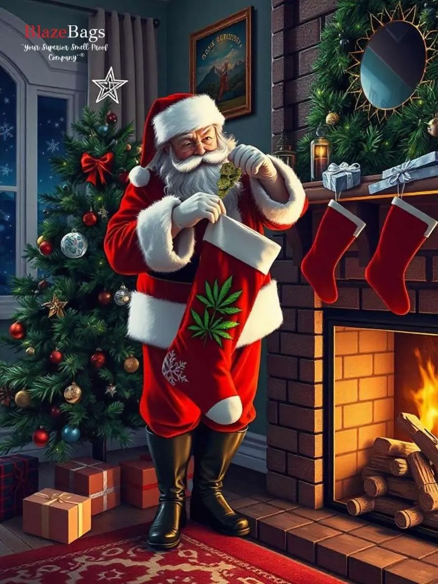 Santa Claus delivering some chronic in a stocking