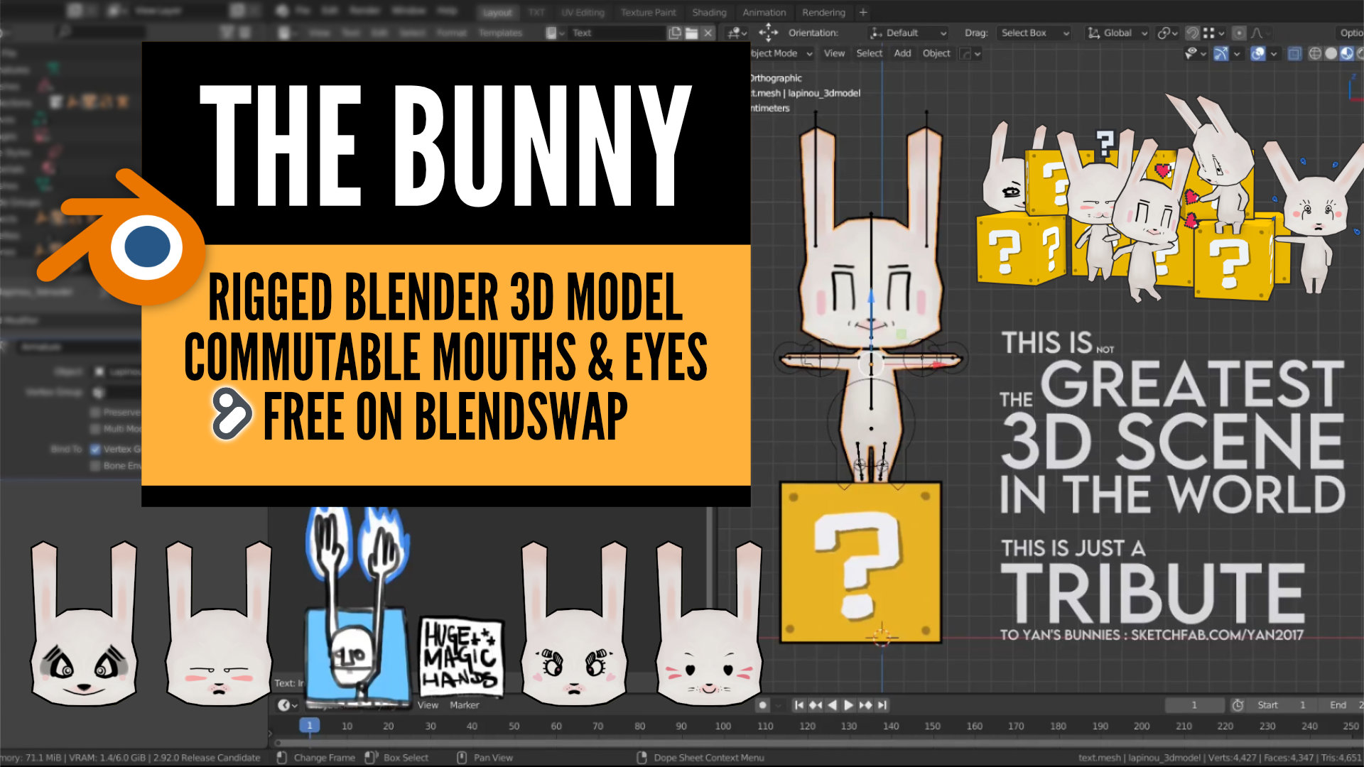 Blend Swap The Bunny Free Rigged Blender 3d Model W Commutable Mouths Eyes