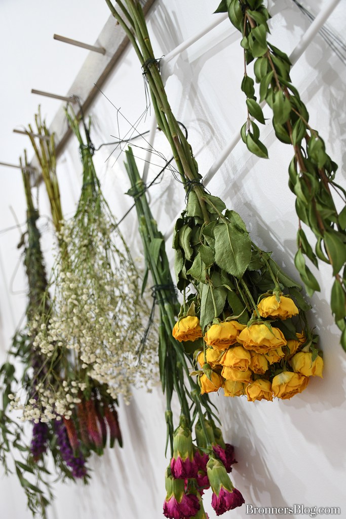Flowers hang upside down to dry.
