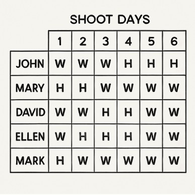 A simplified grid showing character names on the left and shoot days across the top with 'W' and 'H' letters in the boxes.