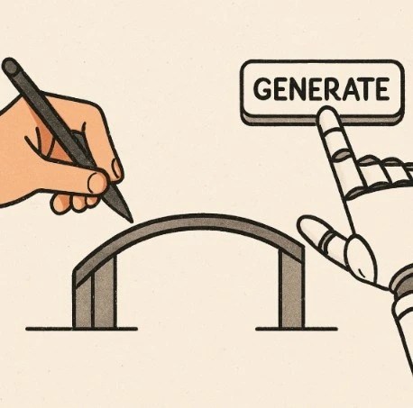 A simple illustration showing a human hand holding a pen on one side and a robotic hand pressing a 'Generate' button on the other, with a bridge connecting them.