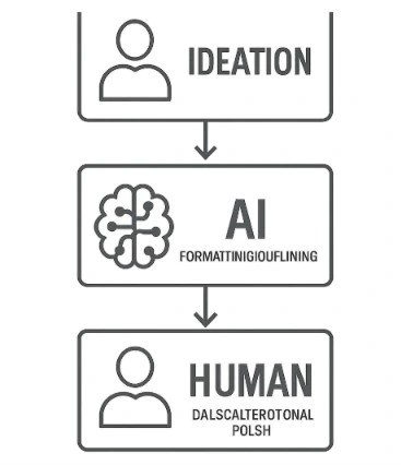 A clean flow chart showing the stages of writing where a human leads (Ideation), AI assists (Formatting/Outlining), and a human finishes (Dialogue/Emotional Polish).