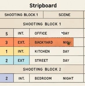 A digital stripboard showing scene strips being dragged and reordered into shooting blocks.