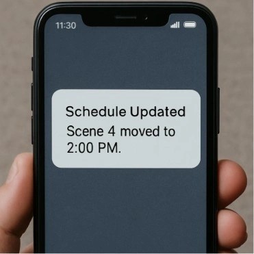 A smartphone screen showing a clear notification: 'Schedule Updated: Scene 4 moved to 2:00 PM.'