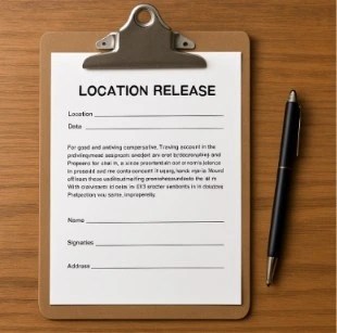 A simple, clean image of a clipboard with a 'Location Release' form and a pen resting on a wooden table.