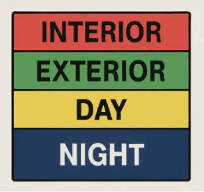 A clean representation of a digital stripboard showing different colored strips for Interior/Exterior and Day/Night.