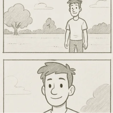 A simple storyboard panel showing a wide shot and a close-up of a character.