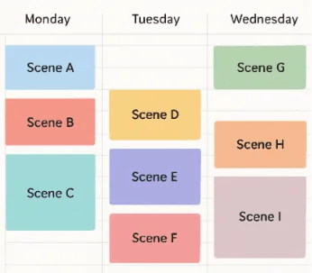 A digital calendar view showing blocks of time assigned to different scenes.
