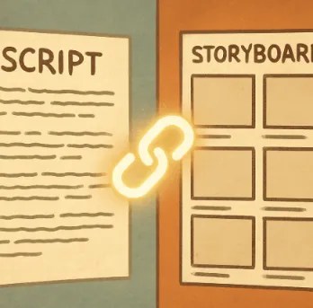 A split-screen illustration showing a written script on the left and a series of empty storyboard frames on the right, connected by a glowing link.
