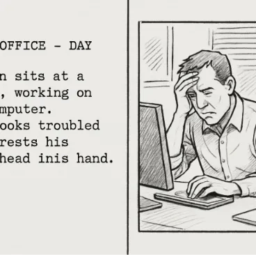 A split-screen view showing a script paragraph on the left and a storyboard sketch panel on the right.