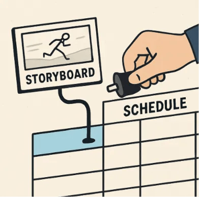 A conceptual visual of a storyboard frame 'plugging into' a schedule row, representing the data sync.