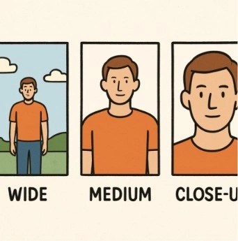 A simple illustration showing a human figure framed in three ways: Wide (showing environment), Medium (waist up), and Close-up (face only) with labels.