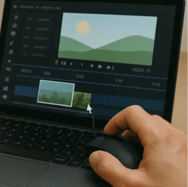 A close-up of a hand using a mouse to drag a digital 'strip' representing a scene on a laptop screen.
