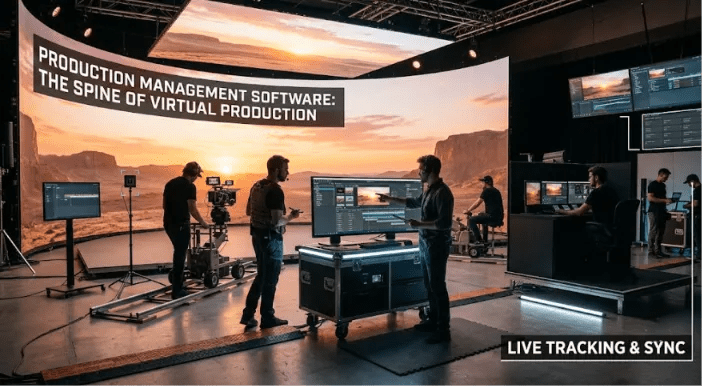 A virtual production stage crew using advanced production management software for live camera tracking, asset sync, and real-time environment editing on a massive LED volume.