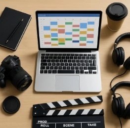 A clean, inviting overhead shot of a filmmaker's desk with a laptop showing a vibrant, color-coded calendar interface.