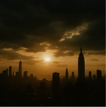 A cinematic opening scene with a dramatic cityscape