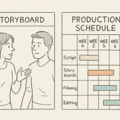 A simple storyboard panel showing a sketch of two people talking, paired with a clear, color-coded production schedule.