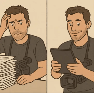 A filmmaker looking confused at a messy stack of papers versus a filmmaker smiling at a clean tablet screen.