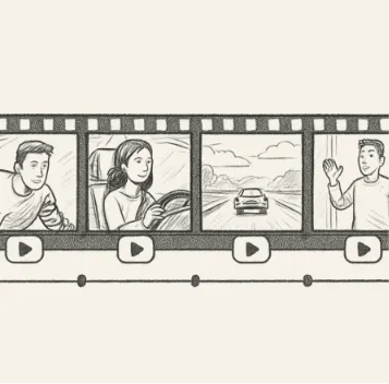 A simplified timeline showing storyboard sketches arranged like a film strip with play buttons.