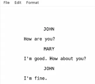 A clean screenshot of the Studiovity writing interface showing a simple dialogue exchange with clear margins.