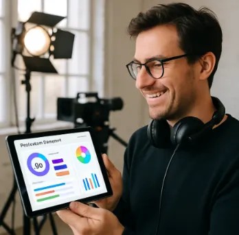A filmmaker smiling while looking at a modern tablet showing a clean, colorful production dashboard in a bright studio.