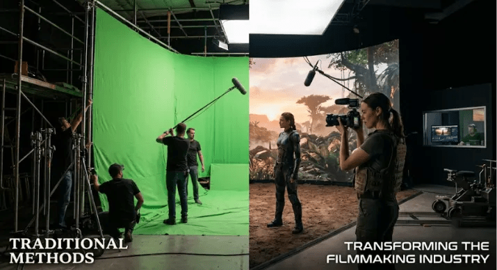 A split-screen comparison showing a traditional green screen film set on the left versus a modern virtual production stage with a dynamic LED wall on the right.