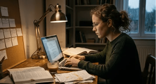 A young woman with glasses and a green sweater is deeply focused, typing on a laptop at a wooden desk, surrounded by open books and notes, illuminated by a warm desk lamp at night.