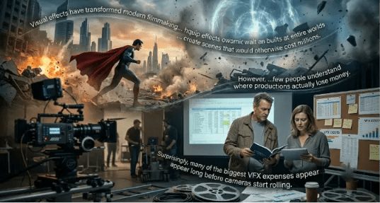 A split conceptual image showing an action-packed superhero VFX scene at the top and a film production office at the bottom with crew members examining budget spreadsheets and film reels.