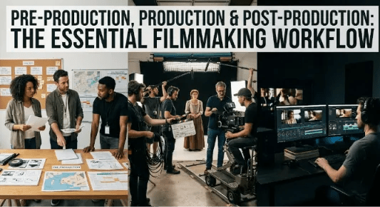 A 3-section photographic infographic depicting pre-production with a planning crew, production on a period-piece film set, and post-production with an editor. Text at the top reads: PRE-PRODUCTION, PRODUCTION & POST-PRODUCTION: THE ESSENTIAL FILMMAKING WORKFLOW.