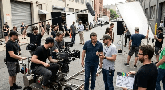 A high-resolution photo of a busy outdoor film set, with crew members setting up and filming on a city street location.