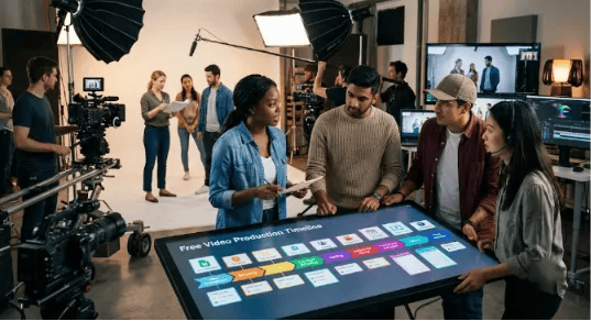 A group of film students and creators in a studio, huddled around a large digital project management screen displaying a Studiovity timeline with script analysis and production schedules.