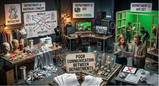 A busy film studio scene split into Wardrobe, VFX, and Art departments, featuring a central sign that reads 'Poor Communication Between Departments' as crew members look stressed over mistakes.