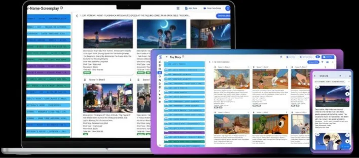 A laptop, tablet, and smartphone displaying a modern film production software interface featuring digital storyboards, scene lists, and shot planning modules.