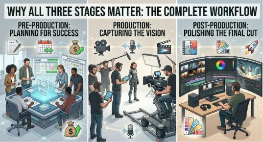 An illustrative 3-panel process chart titled WHY ALL THREE STAGES MATTER: THE COMPLETE WORKFLOW. Icons and illustrations depict a futuristic pre-production meeting, production on a film set, and a multi-monitor post-production suite.