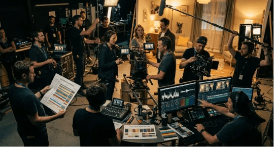 A high-angle view of a busy movie set where post-production editors work on monitors with color grading software alongside camera crews, directors, sound operators, and actors collaborating in a studio setting.