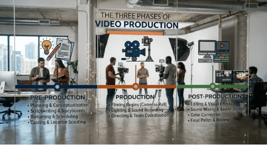 A group of diverse creative professionals collaborating in a video studio, using a large touch-screen tabletop to manage a Free Video Production Timeline for their project.