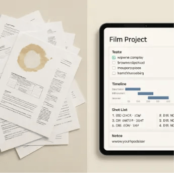 Flat lay comparison of a coffee-stained paper film script next to a digital tablet displaying an organized film project management dashboard.