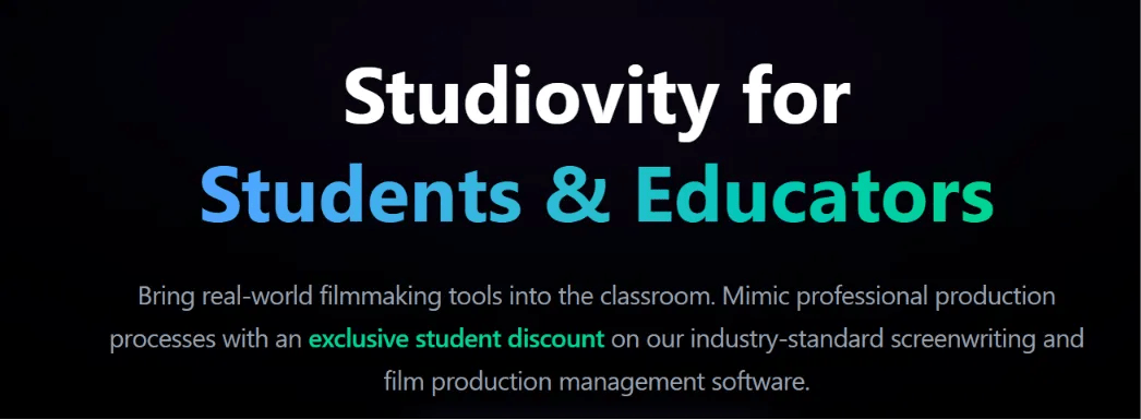 Studiovity for Students and Educators landing page highlighting exclusive student discounts and professional filmmaking software for classrooms.