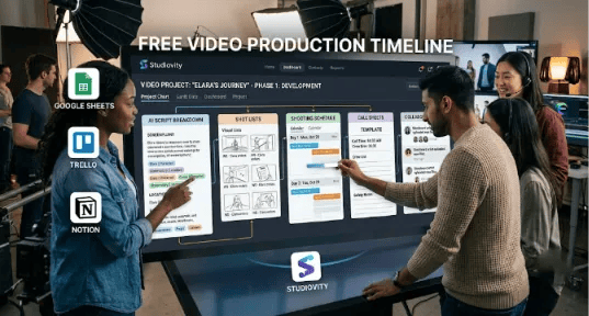 A wide photograph of a movie studio interior with a large diagram detailing the workflow of the Three Phases of Video Production across different dedicated workstations.