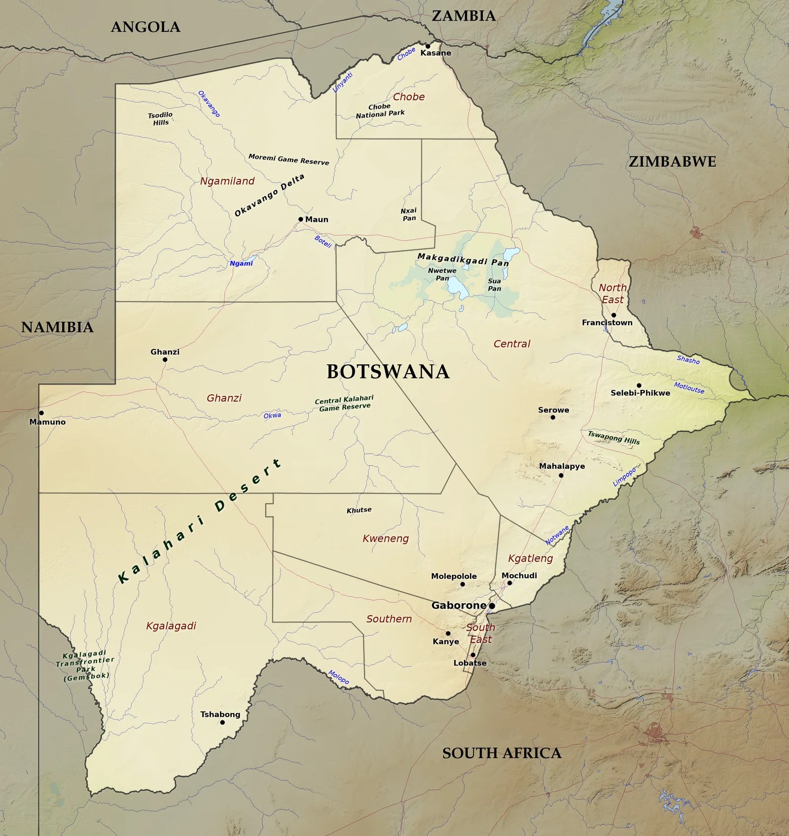Blue Green Atlas The Geography Of Botswana Relief Map Of Botswana 
