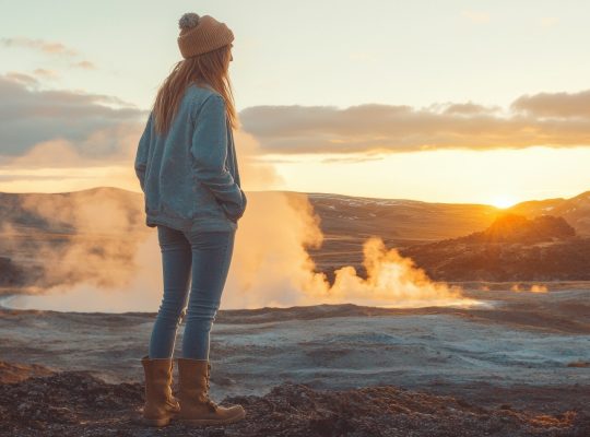 A woman hiker stands on a rocky ridge, gazing toward the horizon as the sun sets, bathing the landscape in warm orange and gold light.