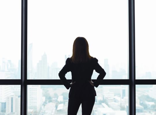 Confident female business leader standing at a high-rise window, overlooking a city skyline with hands on hips-symbolizing clarity, strength, and leadership.