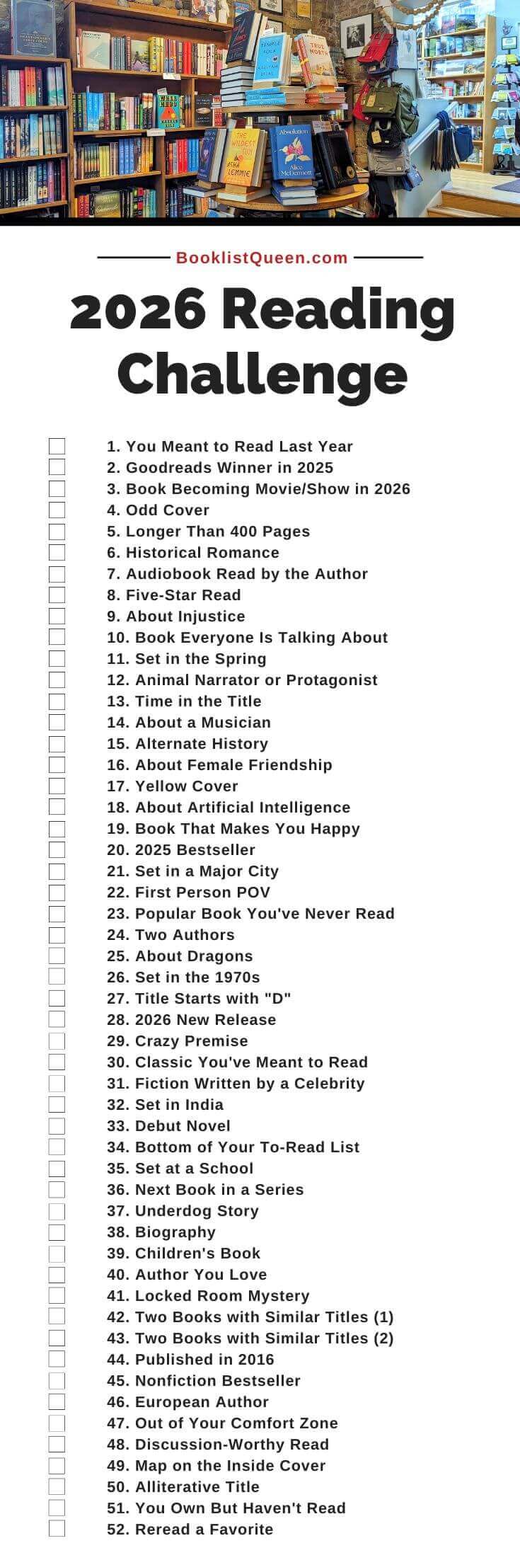 Booklist Queen S 2026 Reading Challenge Booklist Queen Reading Challenge 2026 Bookmark 