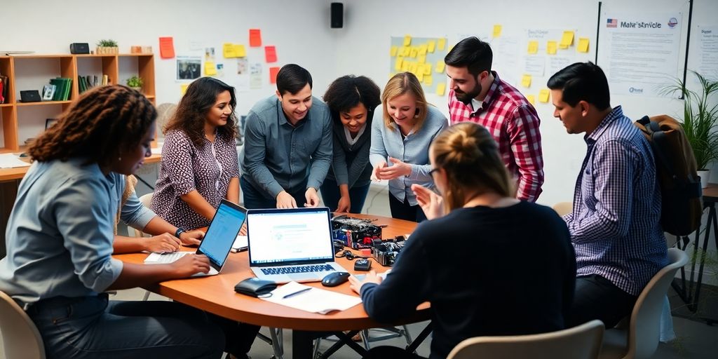 Team collaborating on product management in a vibrant workspace.